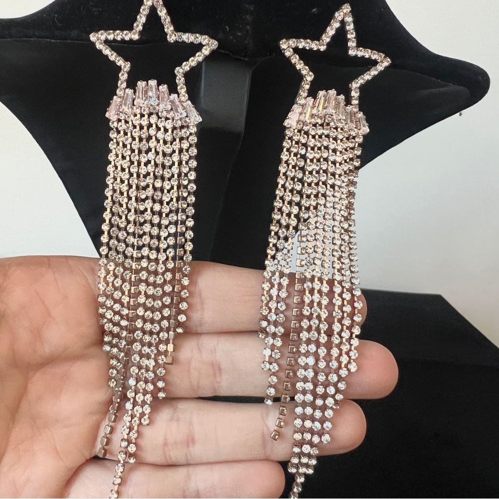 Rhinestone Crystal Drop Down Star Statement Earri… - image 2